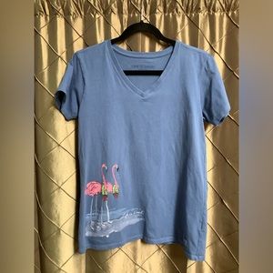 EUC- LIFE IS GOOD ‘Flamingo’ 100% Cotton Crusher V Neck T- Shirt